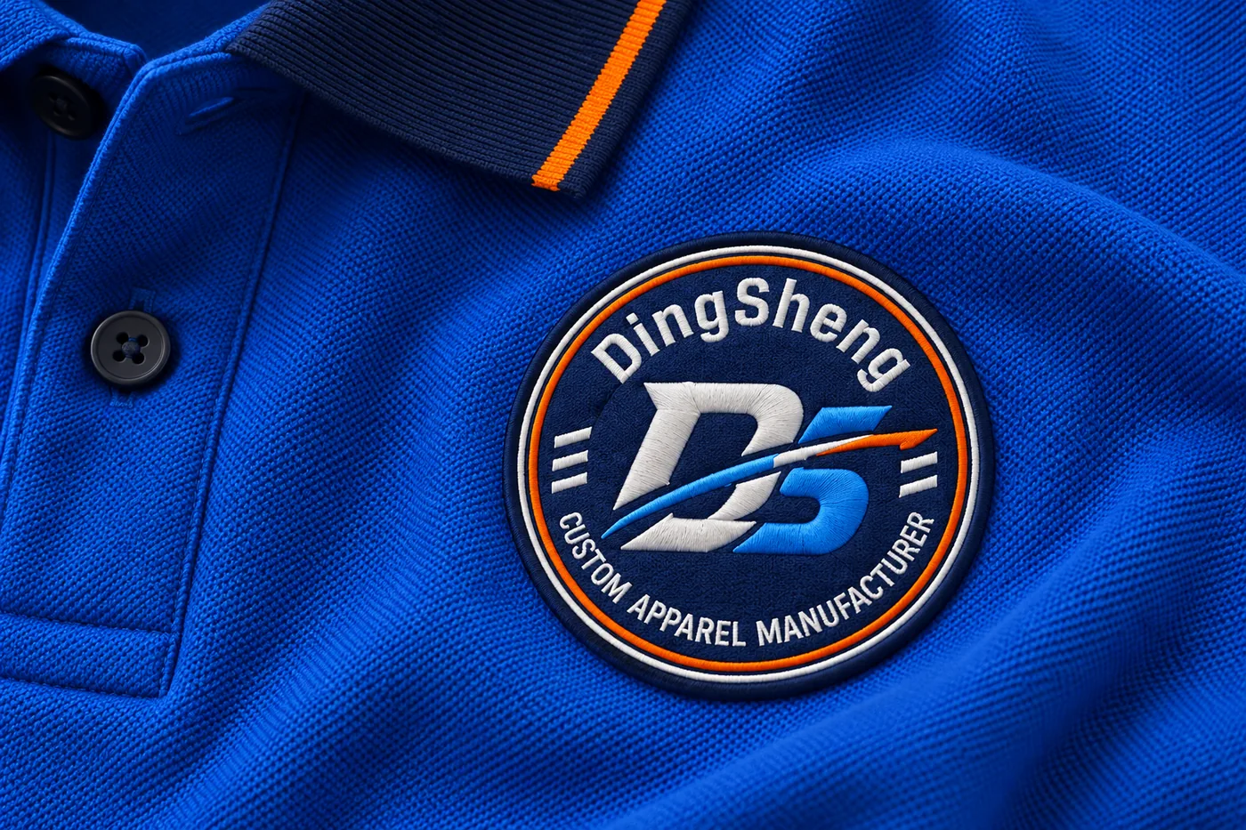 DingSheng round embroidered badge on cobalt pique fabric