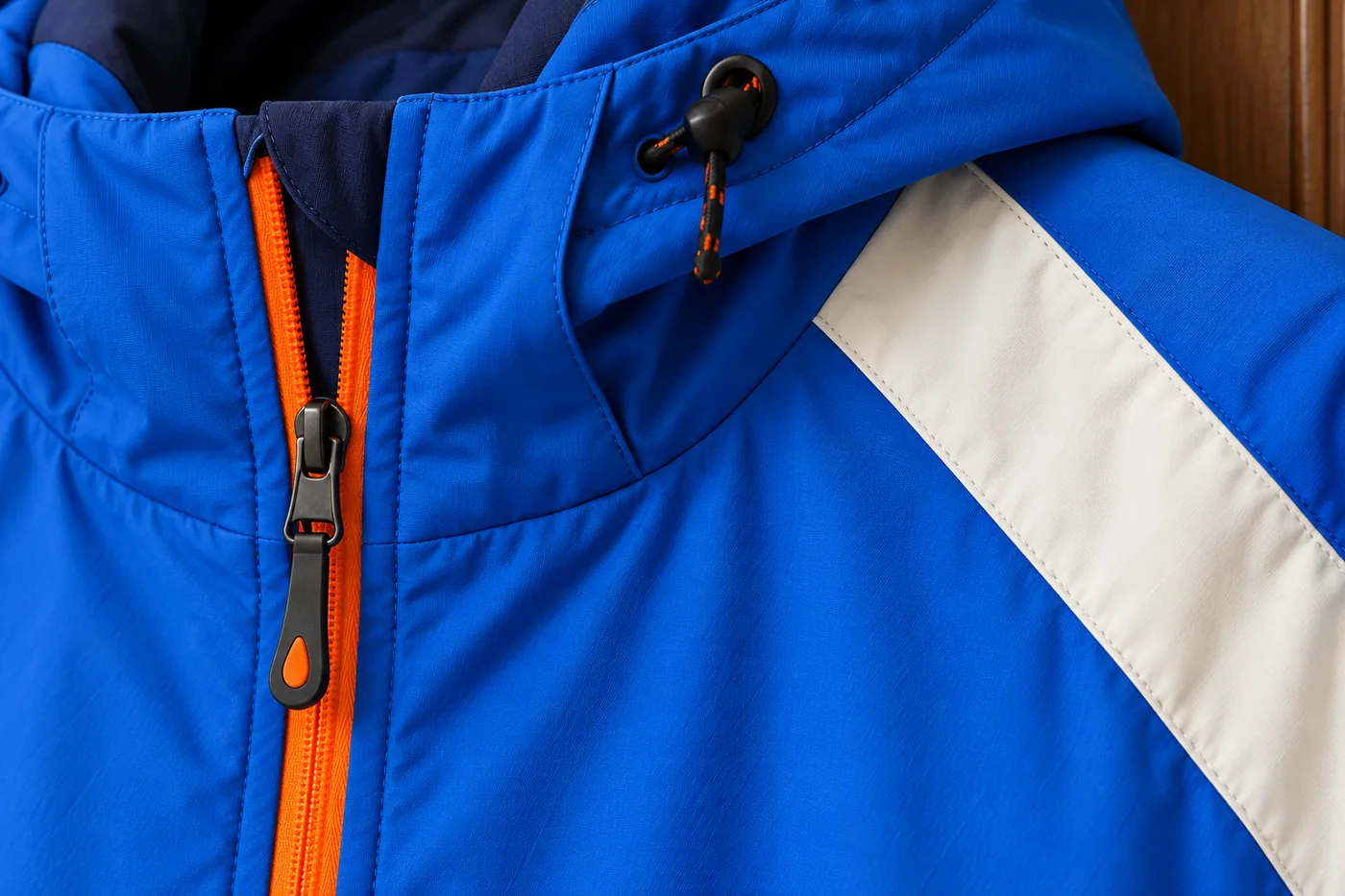 Shell jacket panel stitching, orange zipper and hood adjustment