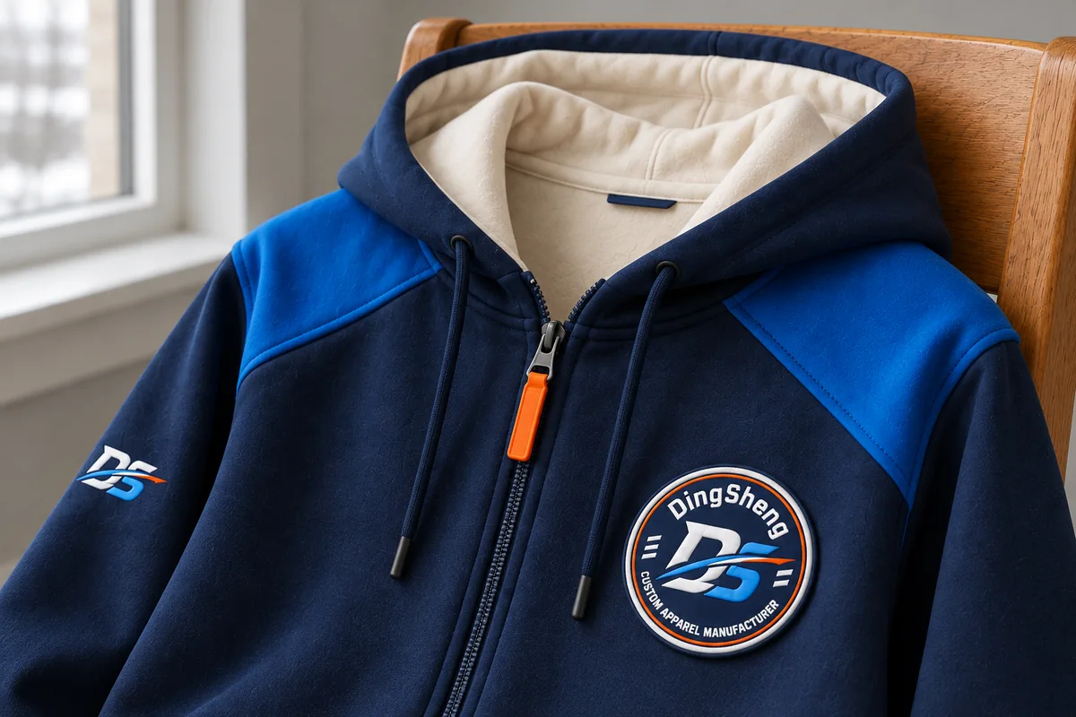 Close view of DingSheng hoodies branding and construction