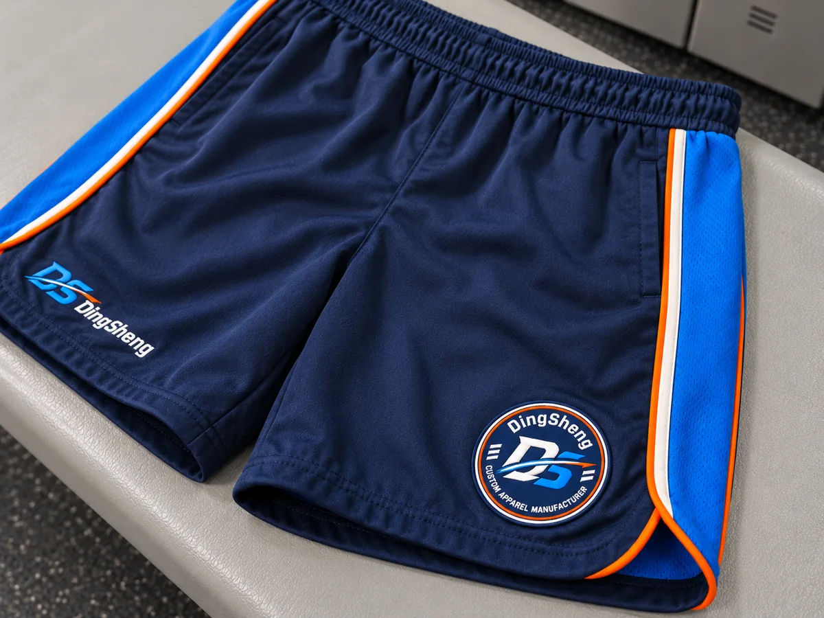 Close view of DingSheng sports shorts branding and construction
