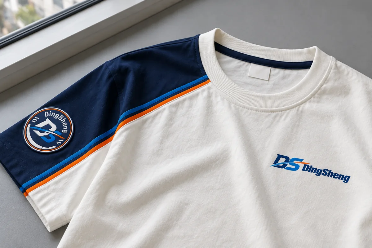Close view of DingSheng t-shirts branding and construction